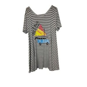 Judith March Women's Top Striped Bed Hair Don't Care Graphic Short Sleeve Small